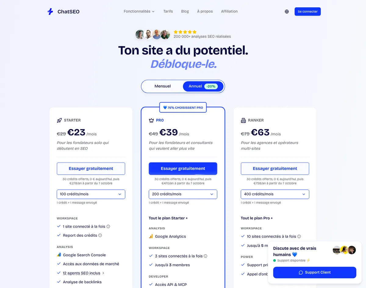 Page tarifs de ChatSEO au 30/09/2026 : formules Starter, Pro et Ranker en vue annuelle