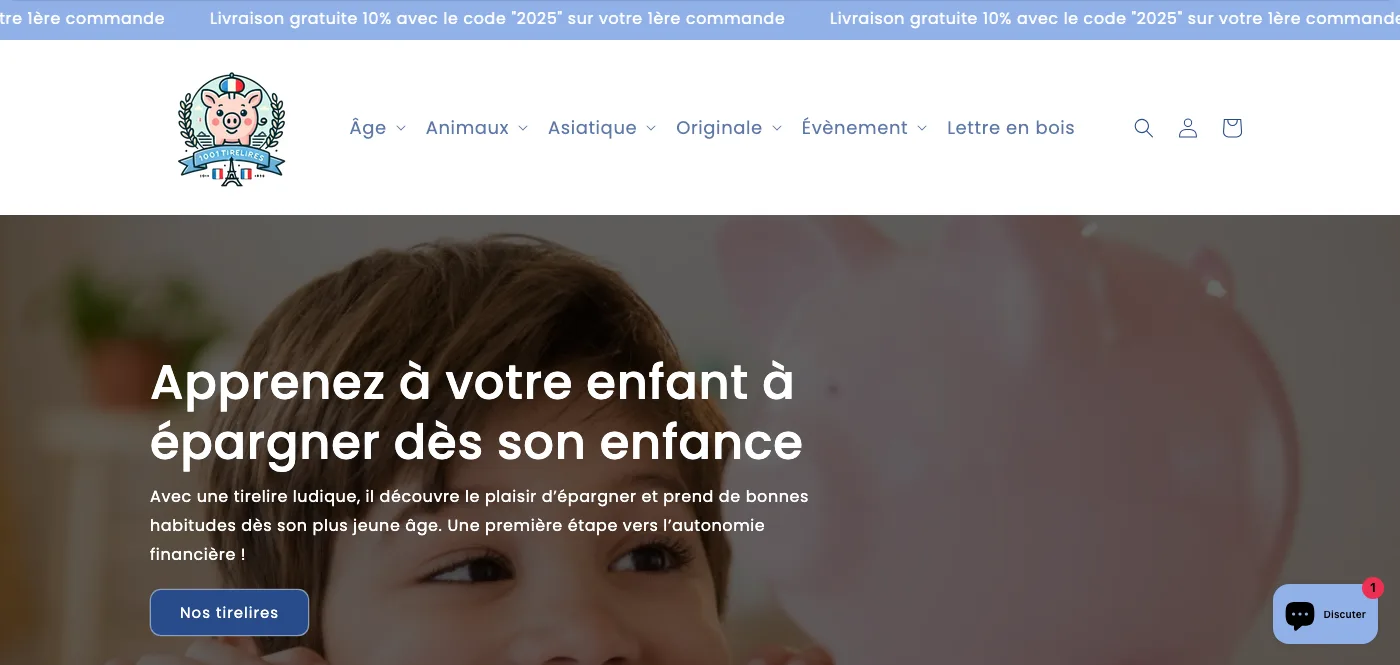 Page d'accueil de la boutique Shopify 1001 Tirelires