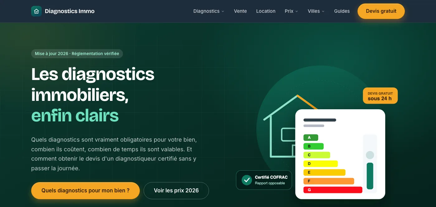 Capture de la page d'accueil de Diagnostics Immo