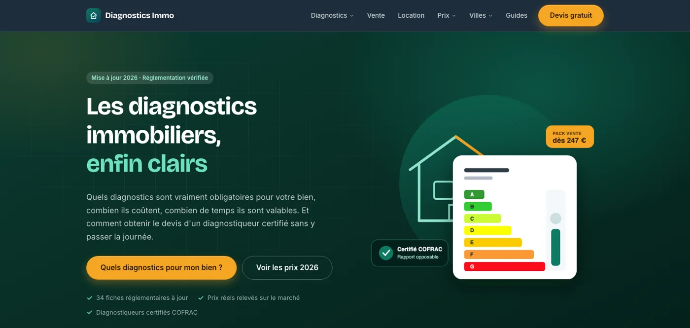 Capture de la page d'accueil de Diagnostics Immo