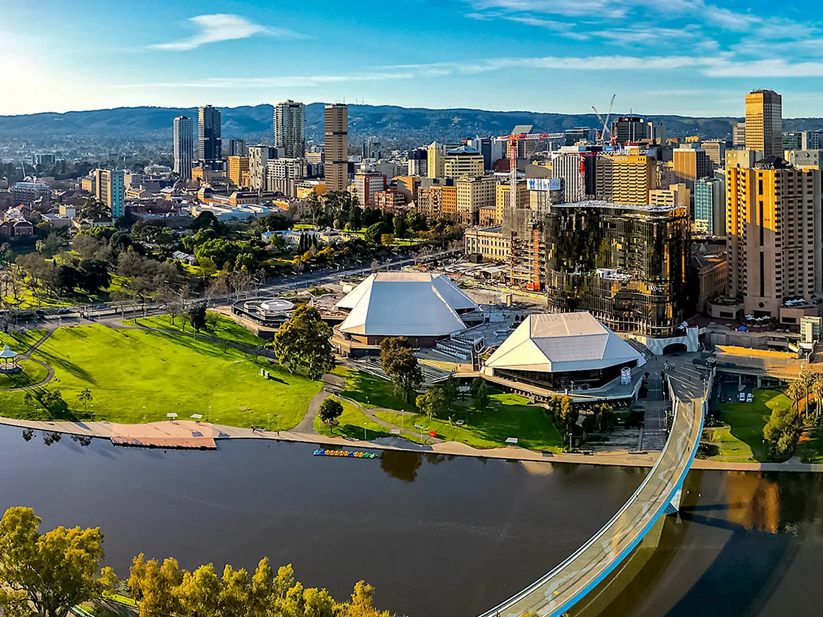 Adelaide: the city skyline seen across the River Torrens and the parklands
