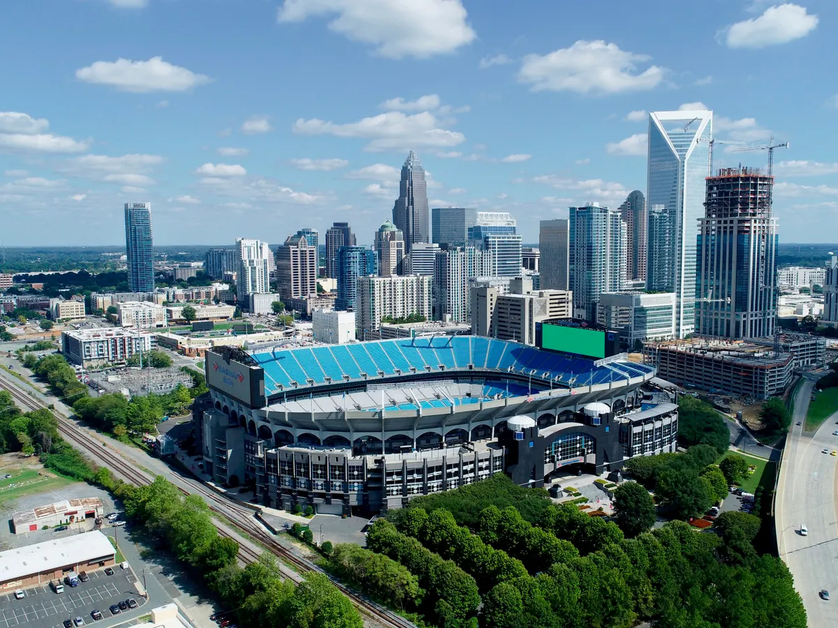 Charlotte: aerial view of Uptown and the stadium