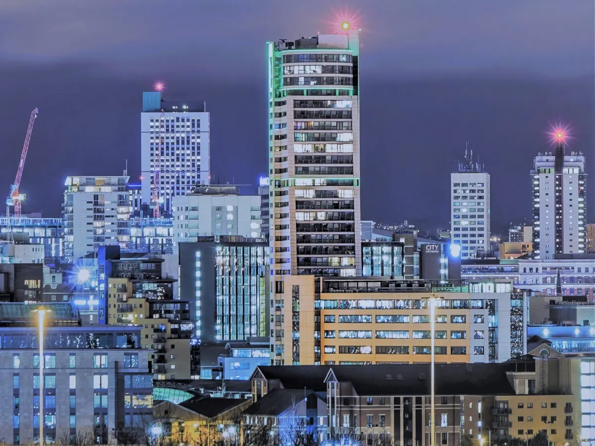 Leeds: the city centre skyline at night