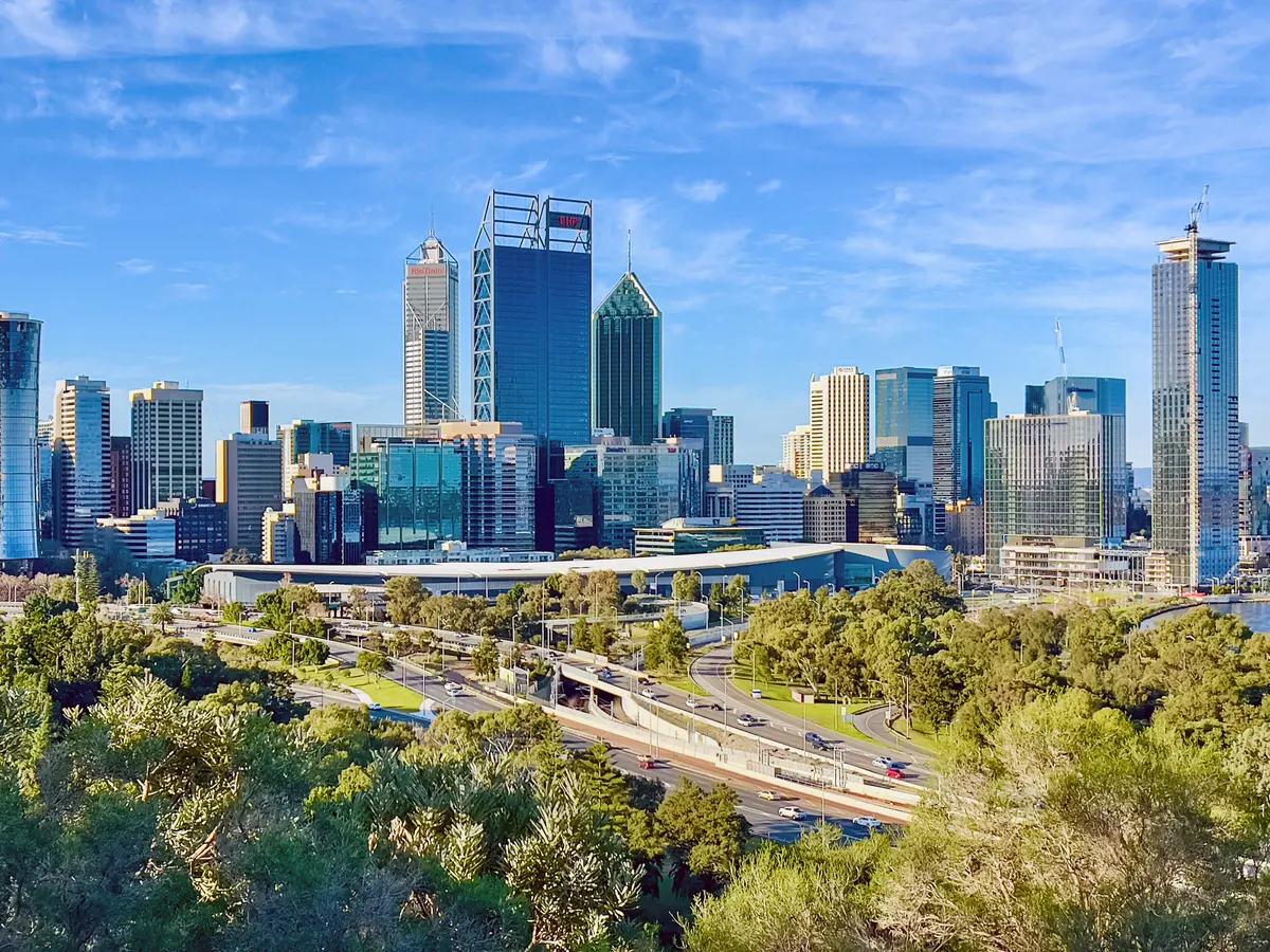 Perth: the CBD skyline seen from the State War Memorial lookout in Kings Park