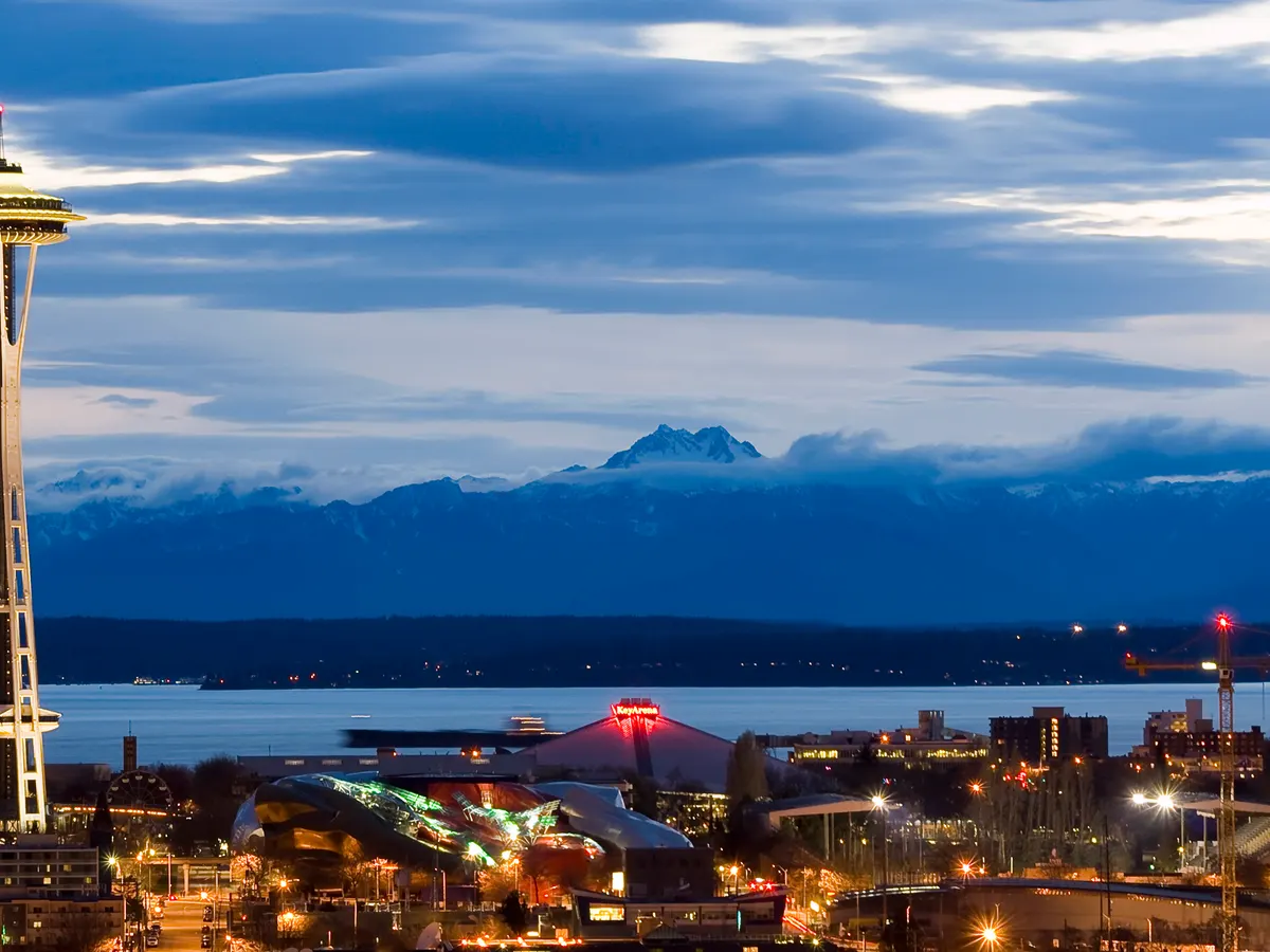 Seattle: the Space Needle and Seattle Center as night falls